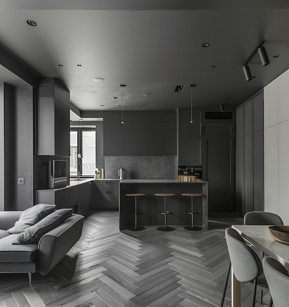 A modern open space office interior with panoramic windows a gray concrete floor and wooden walls