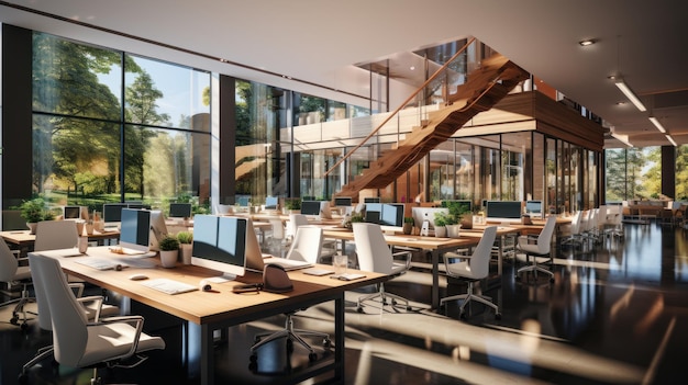 Modern open space office with no employees in luxury building Wooden floor large desks office chairs desktop computersStairs to the upper level Glass walls with park view Interior design