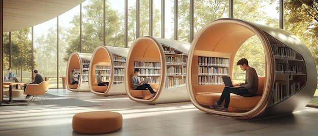 Photo modern openconcept library with study pods