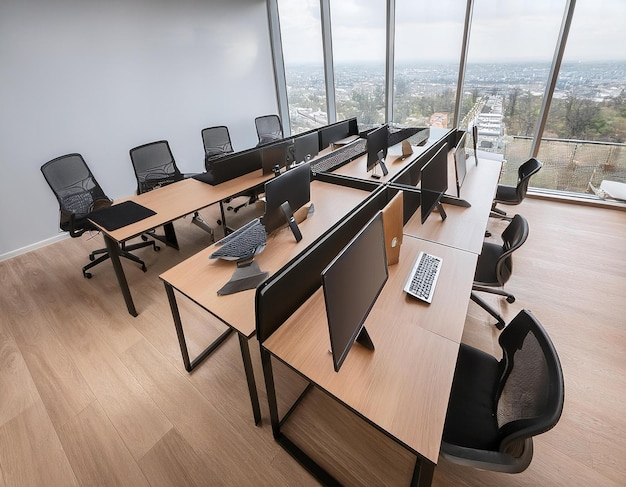 The modern openplan office with a clean organized layout The workspace features rows of individua