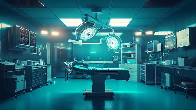 Photo modern operating room with surgical equipment and lights