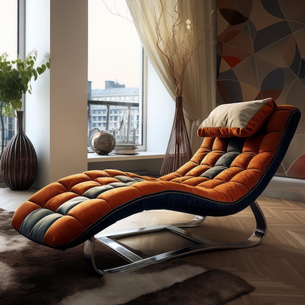 Modern Orange Chaise Lounge Chair Comfortable Fabric Art For Relaxation