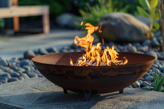 Photo modern outdoor fire pit in tranquil garden setting