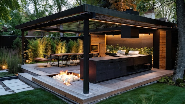 Photo modern outdoor kitchen with fire pit