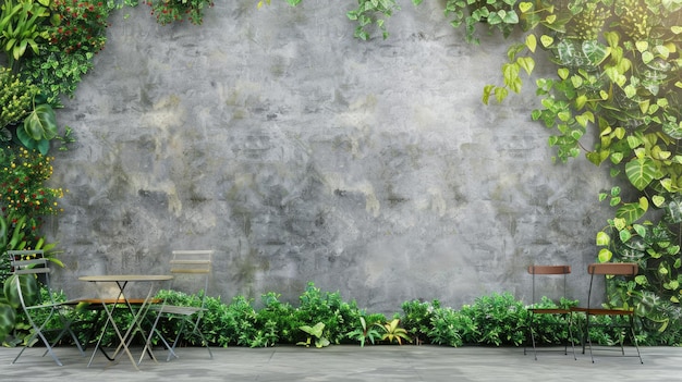 Photo a modern outdoor living room in an urban courtyard showcasing a vertical garden wall wooden chairs cacti and plants with a table and armchairs against white stucco walls