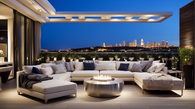 A modern outdoor living space with a large sectional sofa fire pit and view of the city