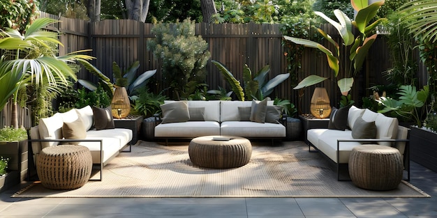 Photo modern outdoor lounge area with comfortable seating greenery and wood elements concept outdoor lounge comfortable seating greenery wood elements modern design