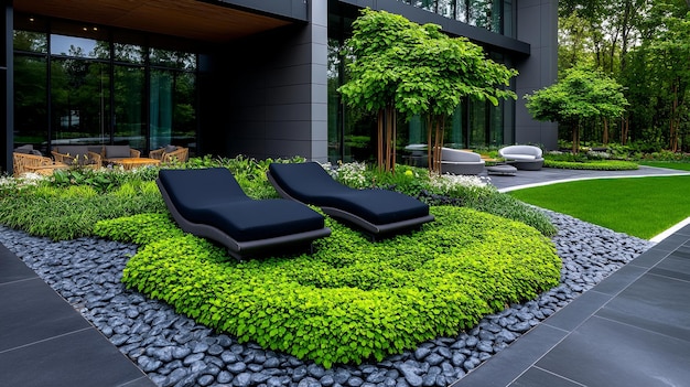 Modern Outdoor Lounge Area with Greenery and Relaxation