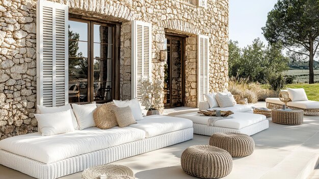 Photo modern outdoor lounge furniture on patio with stone wall and lush greenery