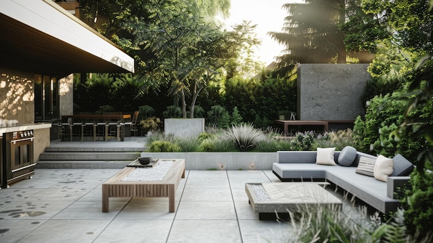 Photo a modern outdoor patio features stylish furniture lush greenery and sunlight filtering through the trees