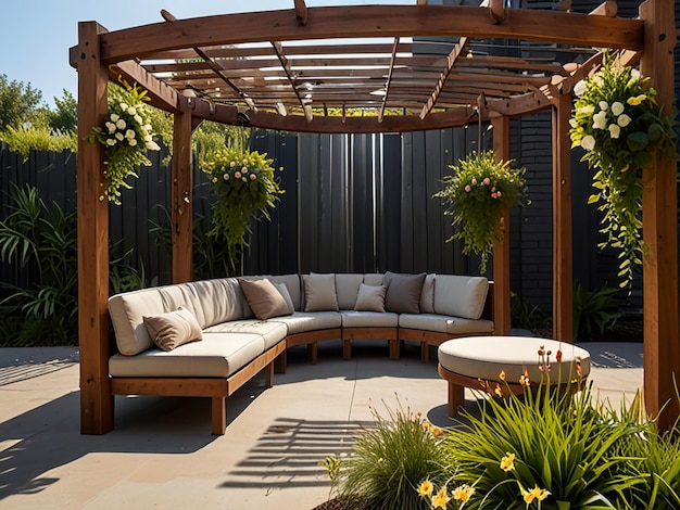 Modern Outdoor Seating Area Circular Wooden Pergola with Slats Hanging Plants and Flowers