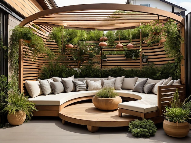 Photo modern outdoor seating area circular wooden pergola with slats hanging plants and flowers