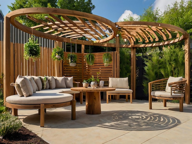 Modern Outdoor Seating Area Circular Wooden Pergola with Slats Hanging Plants and Flowers