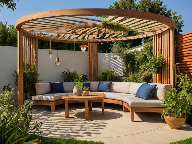 Modern Outdoor Seating Area Circular Wooden Pergola with Slats Hanging Plants and Flowers