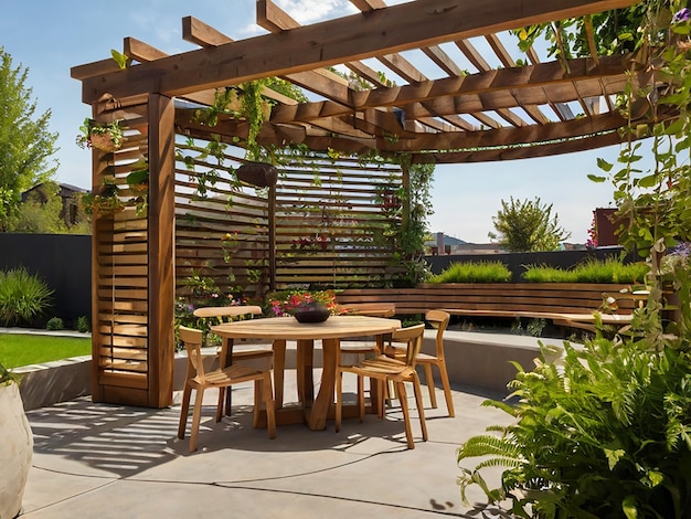 Photo modern outdoor seating area circular wooden pergola with slats hanging plants and flowers