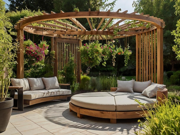 Modern Outdoor Seating Area Circular Wooden Pergola with Slats Hanging Plants and Flowers