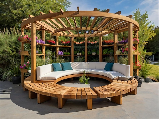 Photo modern outdoor seating area circular wooden pergola with slats hanging plants and flowers