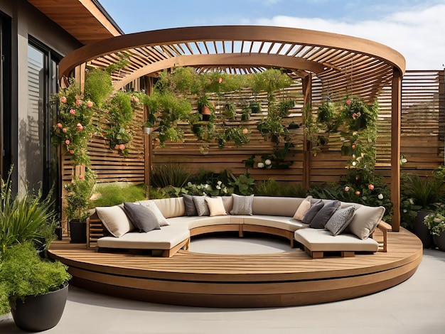 Photo modern outdoor seating area circular wooden pergola with slats hanging plants and flowers