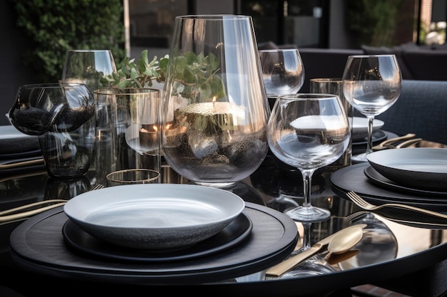 Modern outdoor table setting with sleek glass and metallic accents created with generative ai