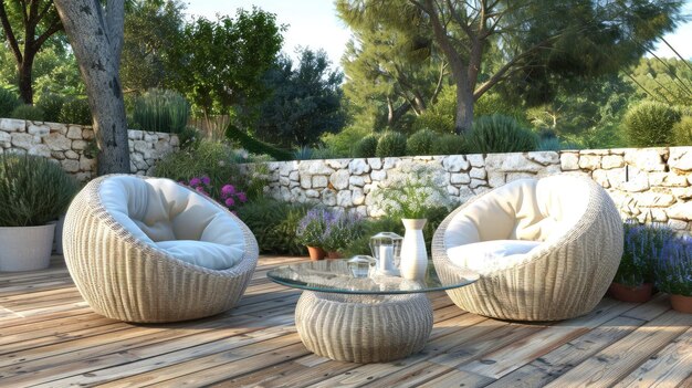 Photo a modern outdoor terrace featuring white rattan chairs and a glass table on a wooden deck surrounded by a stone wall with a sunken seating area for relaxation