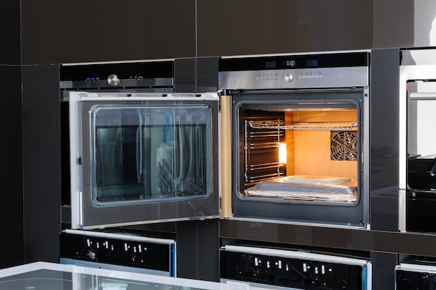 Modern oven with door open