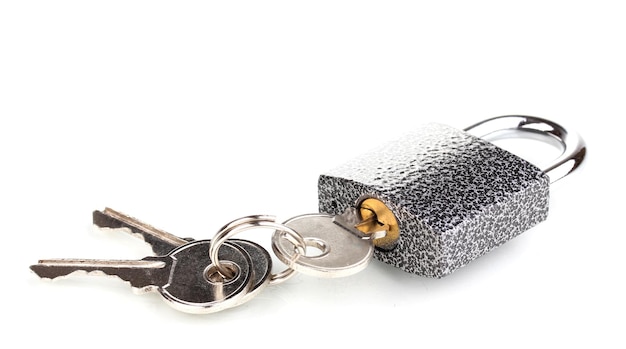 Modern padlock with keys isolated on white