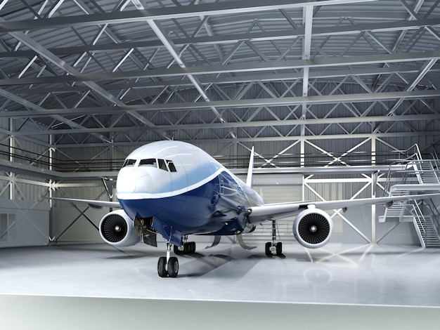 Modern passenger airliner in the hangar 3D rendering