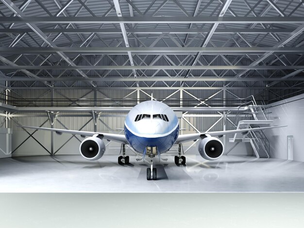 Modern passenger airliner in the hangar 3D rendering