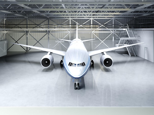 Modern passenger airliner in the hangar 3D rendering