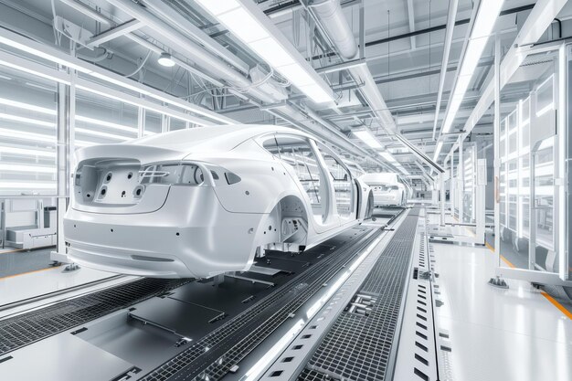 Modern passenger car assembly line in factory with conveyor line for automotive production