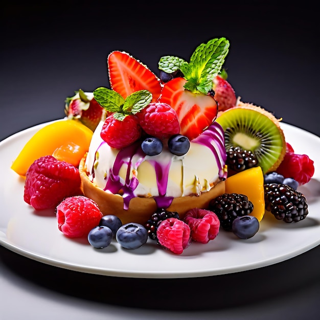 Photo modern pastry plate with colorful selection of fruit desserts on plain white background