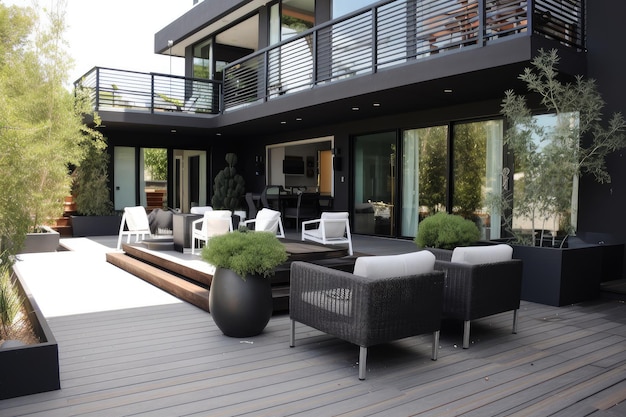 Modern patio and deck with sleek furnishings and modern accents