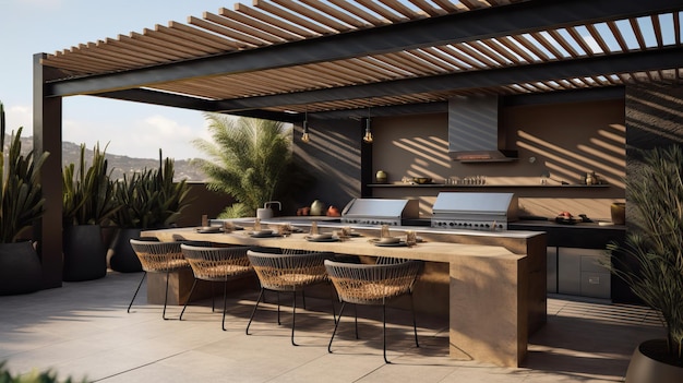 Modern patio furniture including a wooden roof with generative ai