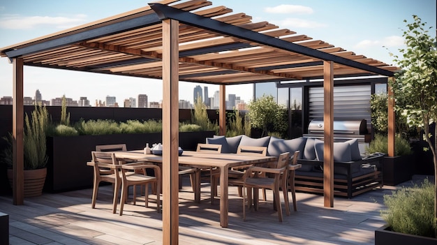 Modern patio furniture including a wooden roof with generative ai