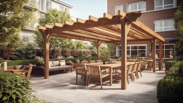 Modern patio furniture including a wooden roof with generative ai