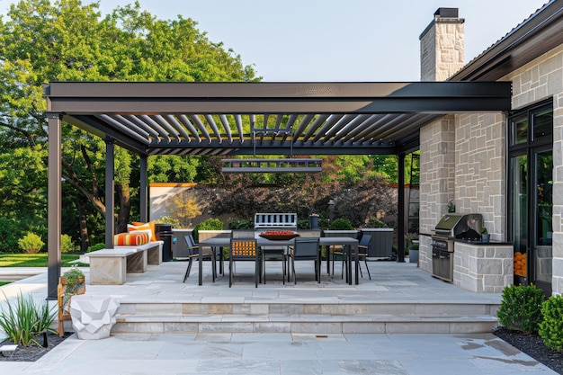 Photo modern patio furniture with pergola shade awning dining table and metal grill