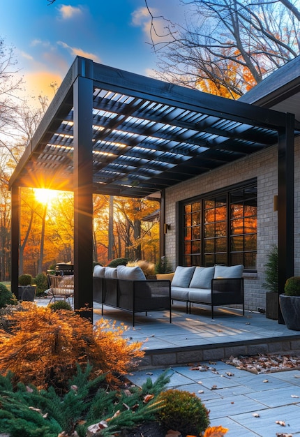 Modern Patio Pergola With Autumnal Sunset