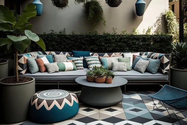 Modern patio with comfortable outdoor furniture covered with cushions in geometric patterns created