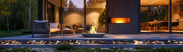 Photo modern patio with fire pit and stone wall 3d illustration