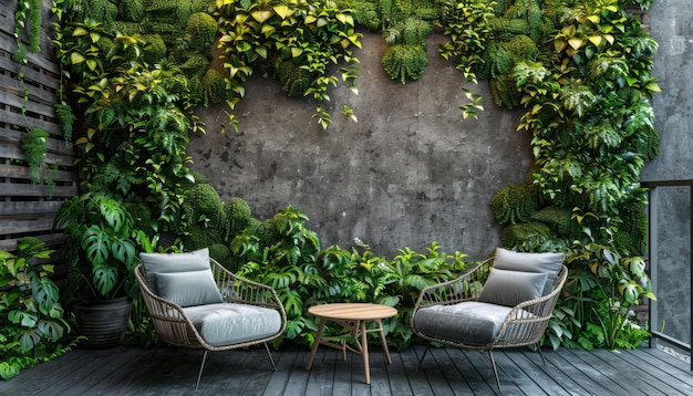 Photo modern patio with greenery wall and two chairs