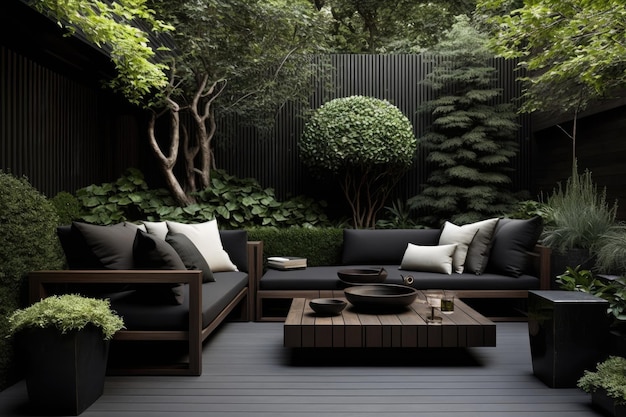 Modern patio with modern outdoor furniture made of dark wooden material created with generative ai