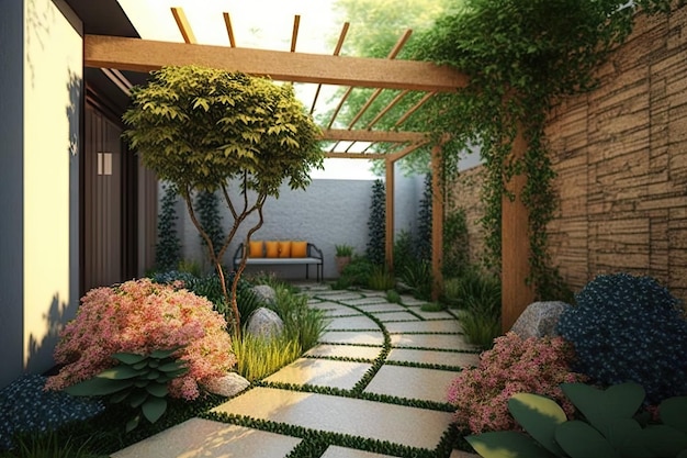 Modern patio with stone passage between flowerbeds and trees created with generative ai