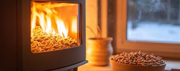 Photo modern pellet stove burning wood pellets for heating house in winter