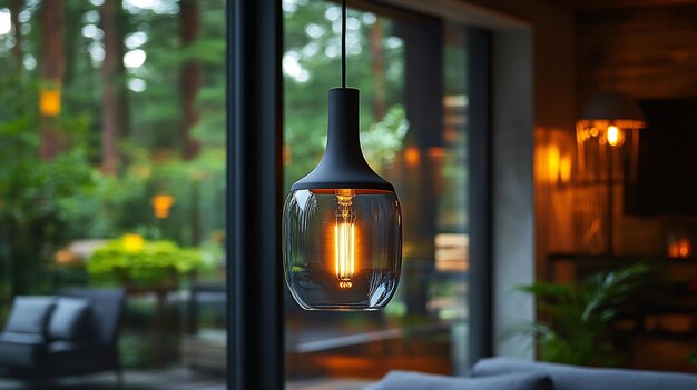 Photo modern pendant lamp named aurora glow feature glowing bulb encased matte black fixture soft light