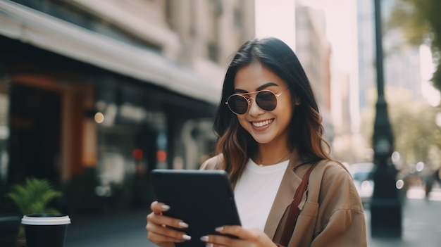 Modern people young asian woman with tablet drinks coffee on street using app smiling