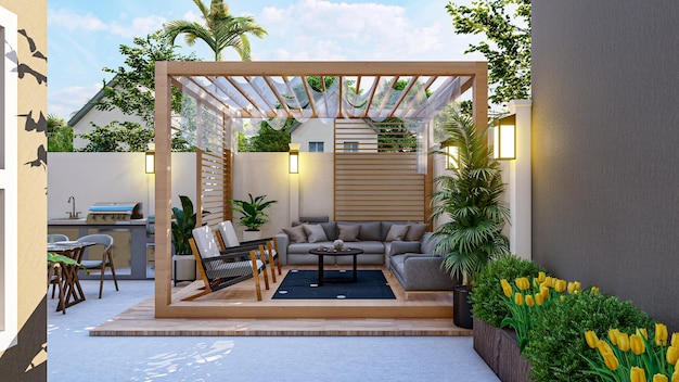 Modern pergola with seating area design and rendering