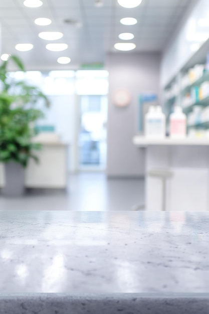 Modern pharmacy interior with natural light Concrete floor features white counter with medical