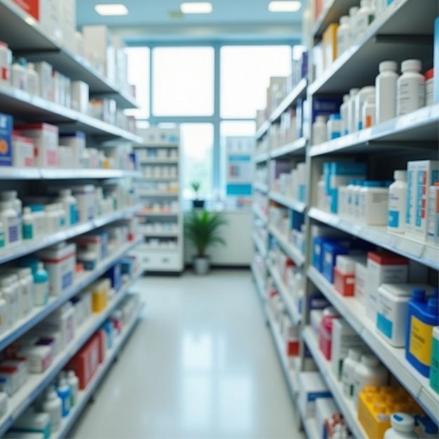 Modern Pharmacy With A Detailed Look at the Organized Shelves Stocked with Medication