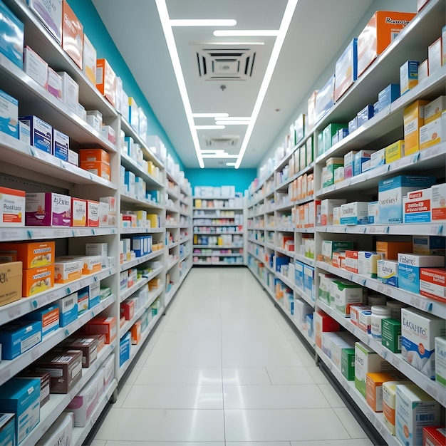 Modern Pharmacy With A Detailed Look at the Organized Shelves Stocked with Medication