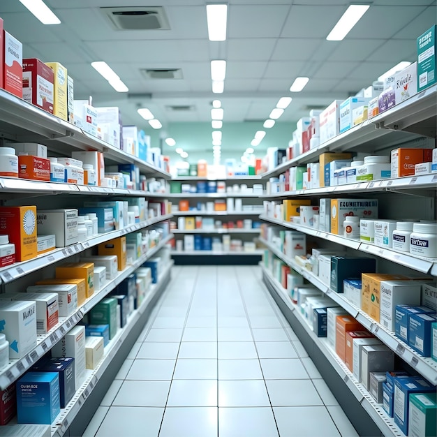 Modern Pharmacy With A Detailed Look at the Organized Shelves Stocked with Medication